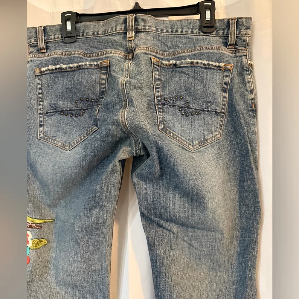 Y2K Embroidered Phoenix Low Rise Jeans 14 | Floral Bird Denim | Raw Hem | - Picture 7 of 16